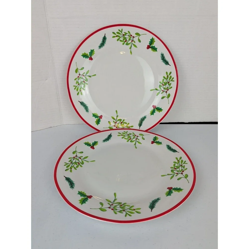 2 Royal Norfolk Christmas Dinner Plates Holly Berry Mistletoe Red Border 2007
